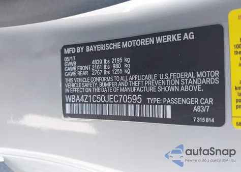 2018 BMW 430I z USA, uszkodzony, nr VIN WBA4Z1C50JEC70595